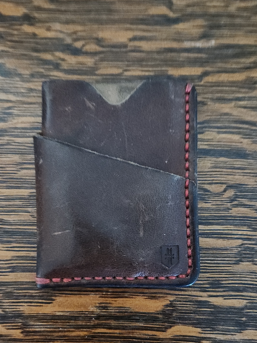 Popov Dark Brown Leather Card Wallet with Red Stitching